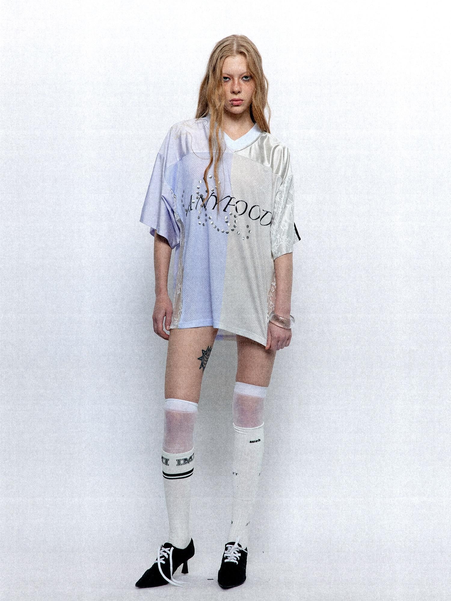 UNIVERSE Lilac Lace Embroidered Spliced Vintage V-neck Women's Polyester Oversized T-shirts