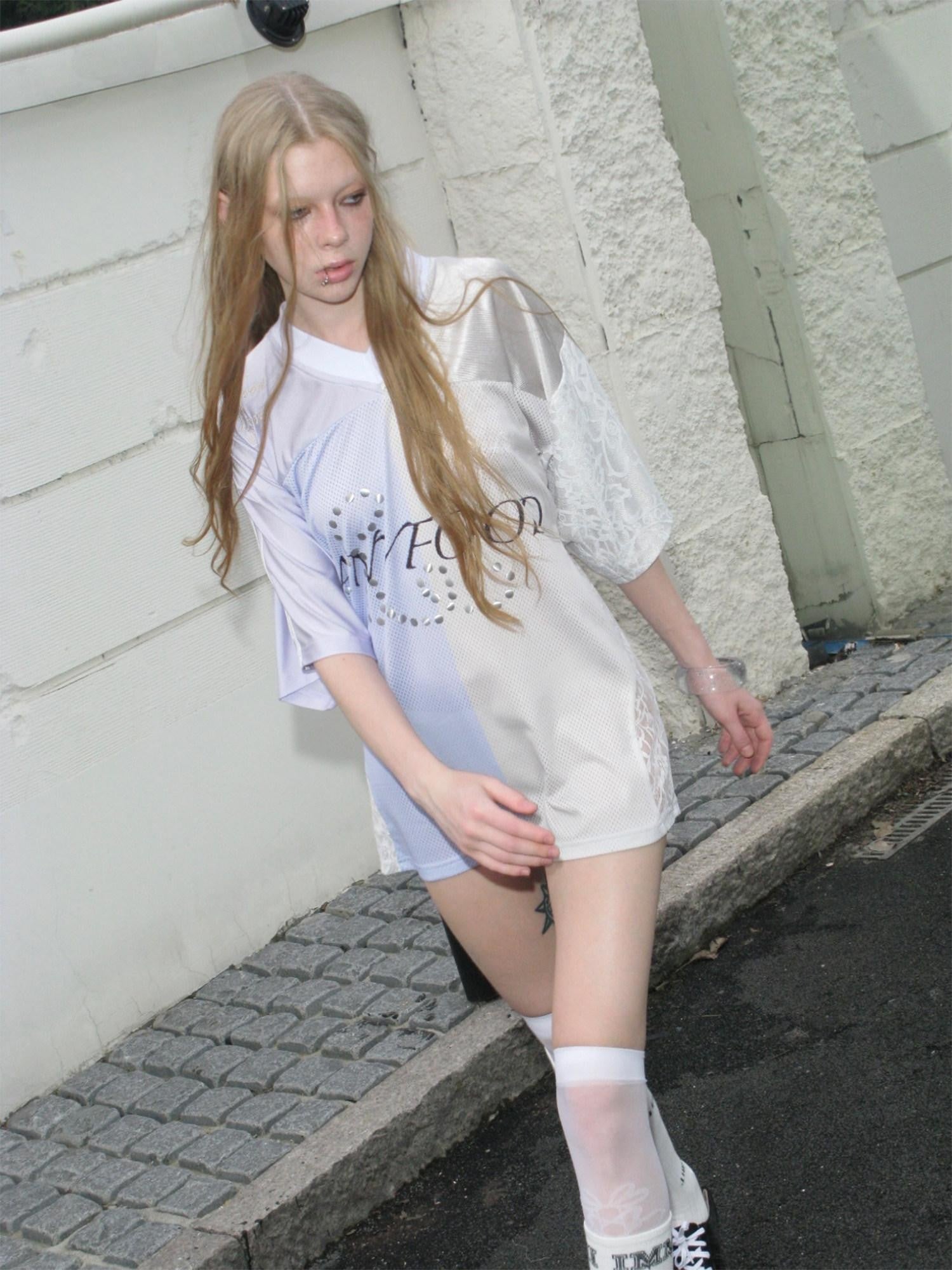 UNIVERSE Lilac Lace Embroidered Spliced Vintage V-neck Women's Polyester Oversized T-shirts