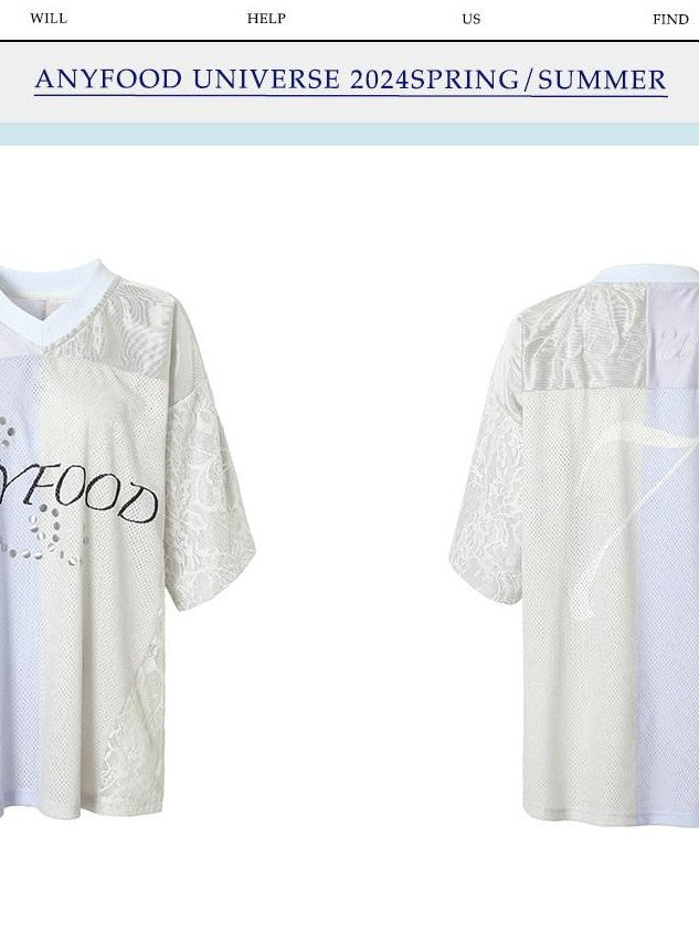 UNIVERSE Lilac Lace Embroidered Spliced Vintage V-neck Women's Polyester Oversized T-shirts