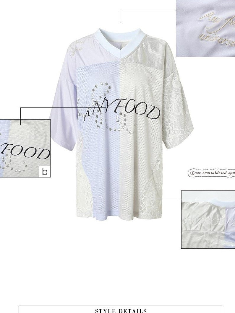 UNIVERSE Lilac Lace Embroidered Spliced Vintage V-neck Women's Polyester Oversized T-shirts