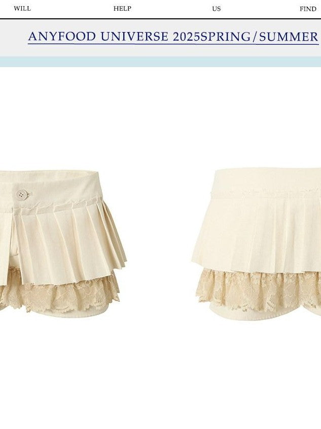 UNIVERSE Lively Ivory Lace Trim Hand Pleated Low Waist Women's Cotton Pleated Skirts