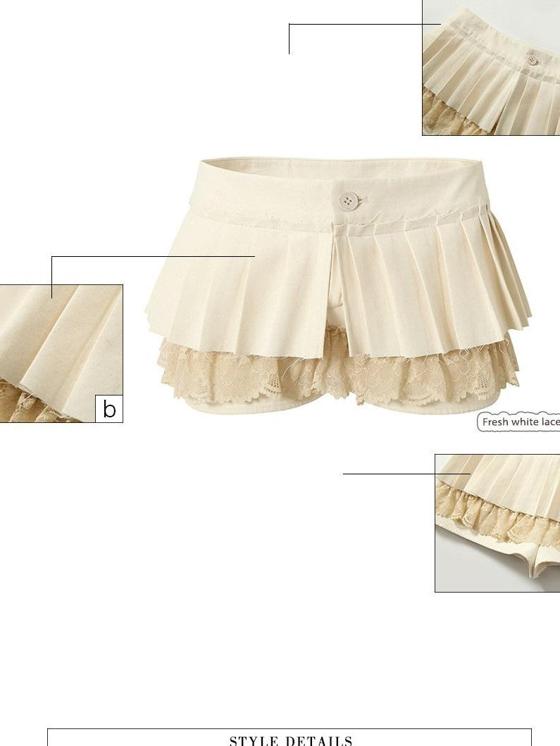 UNIVERSE Lively Ivory Lace Trim Hand Pleated Low Waist Women's Cotton Pleated Skirts