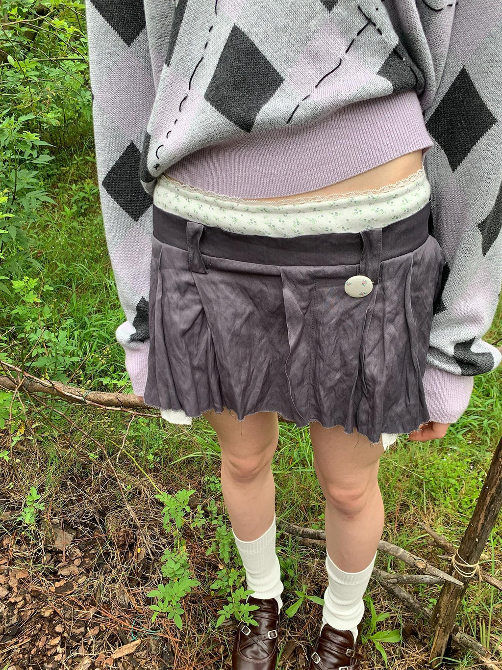 UNIVERSE Metallic Ruched Floral Spliced Double Waistband A Line Women's Cotton Mini Skirts