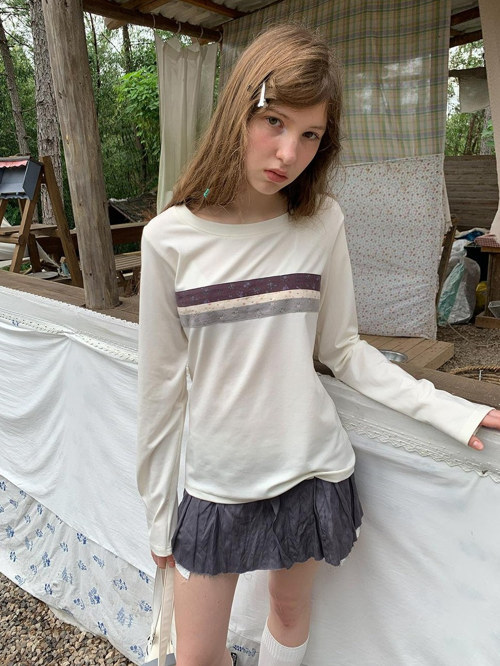 UNIVERSE Metallic Ruched Floral Spliced Double Waistband A Line Women's Cotton Mini Skirts
