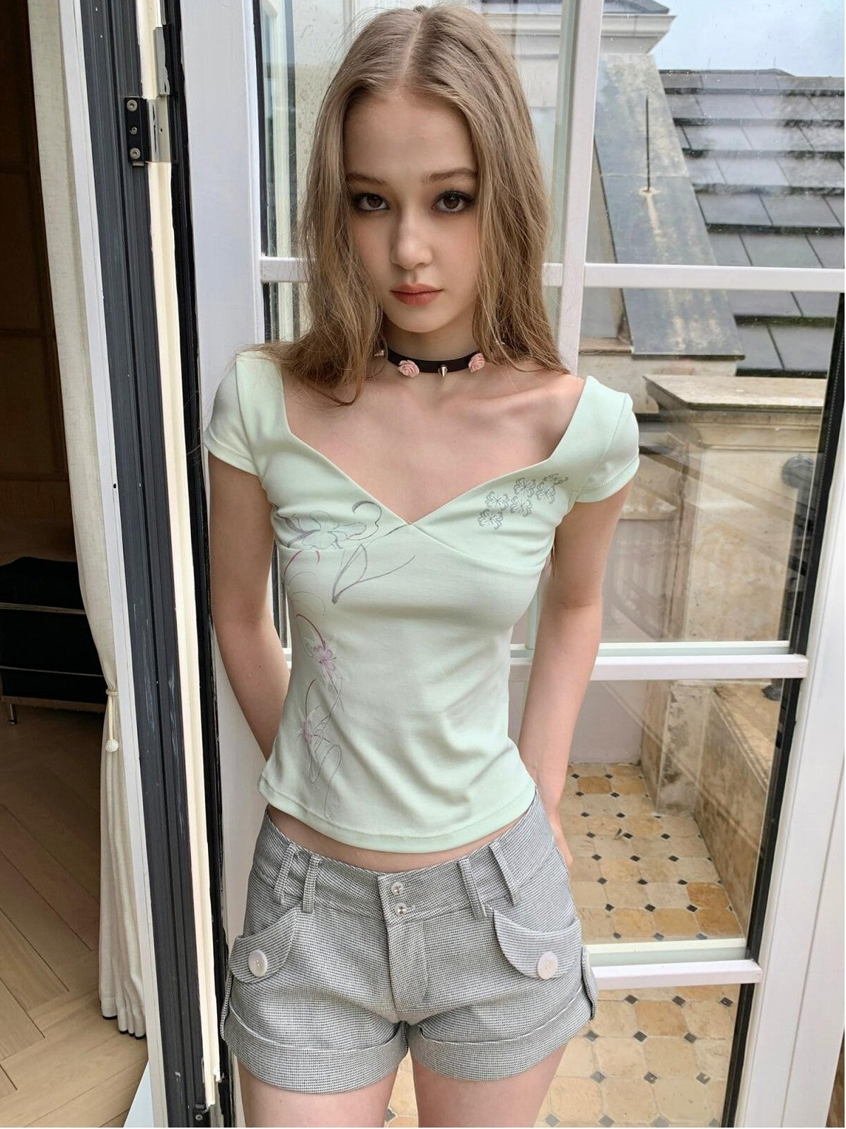 UNIVERSE Mint Botanical Cross Print V-neck Women's Cotton Slim Short Sleeve T-shirts
