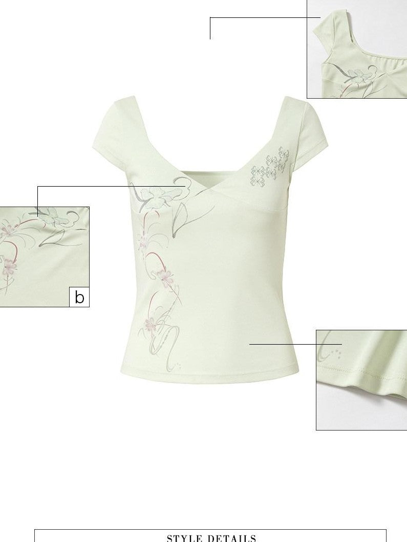 UNIVERSE Mint Botanical Cross Print V-neck Women's Cotton Slim Short Sleeve T-shirts