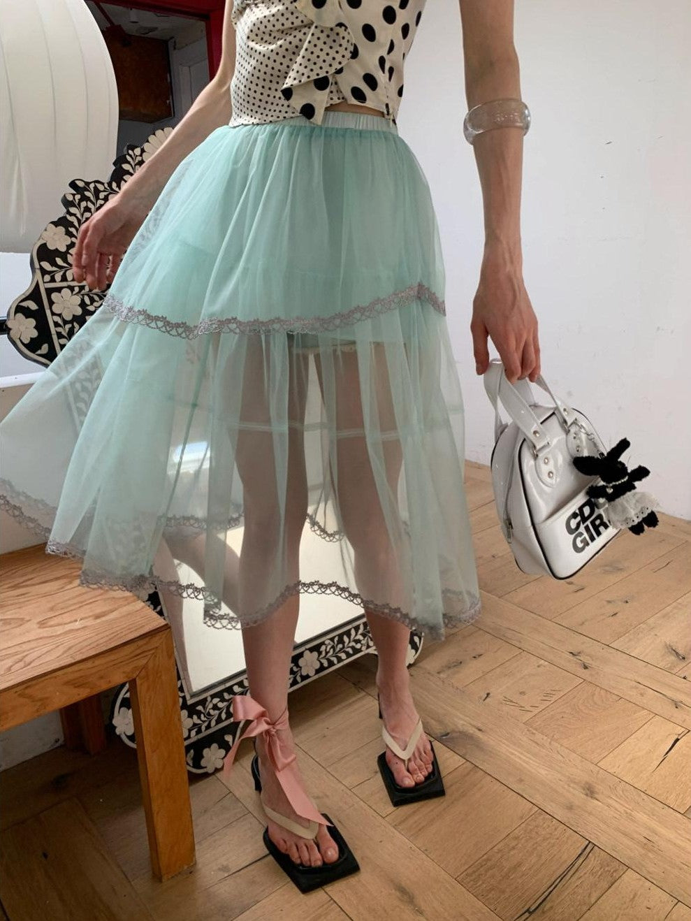 UNIVERSE Mint Green Double Layer High Waist A Line Women's Polyester Tulle Skirts