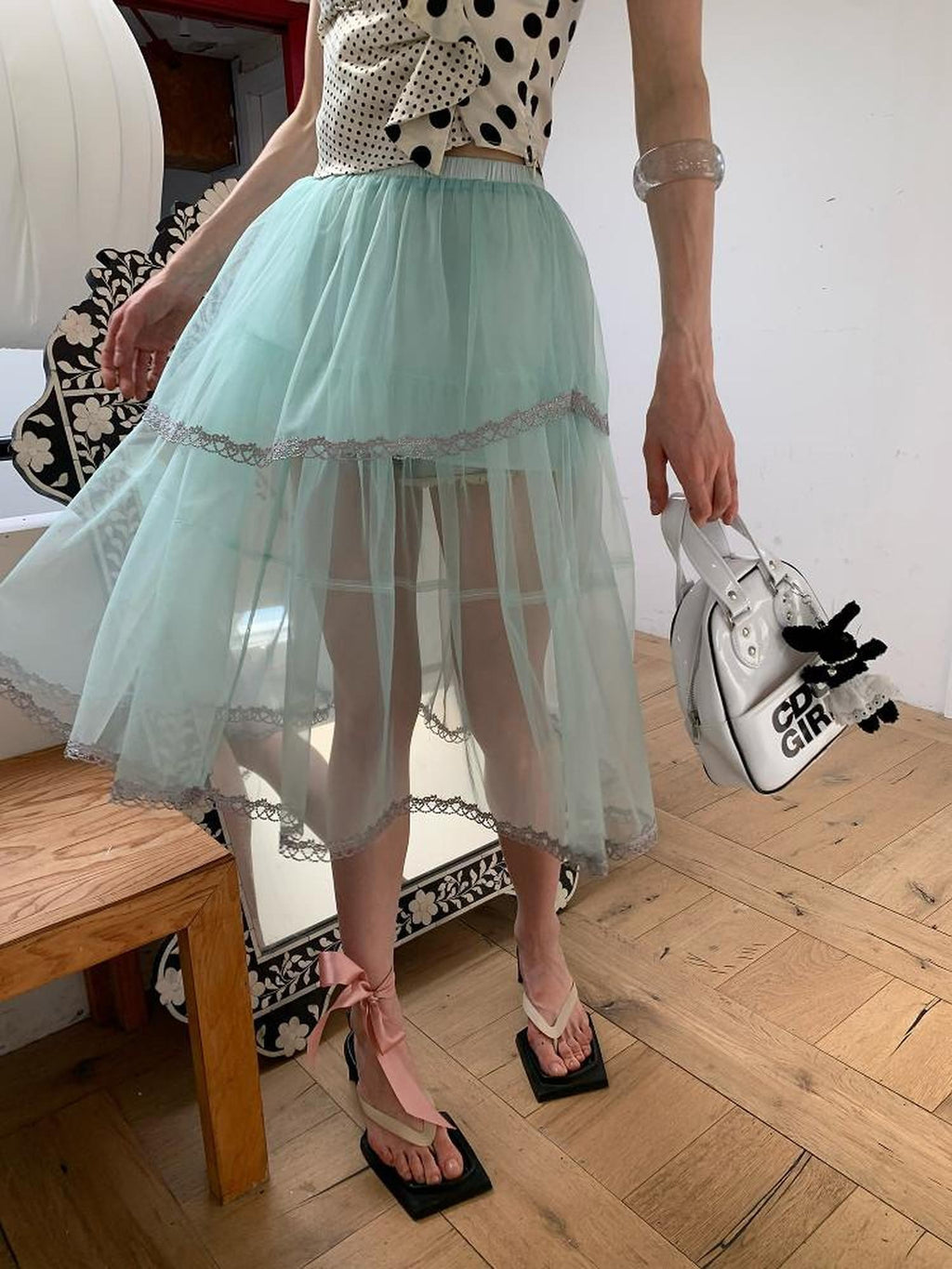 UNIVERSE Mint Green Double Layer High Waist A Line Women's Polyester Tulle Skirts