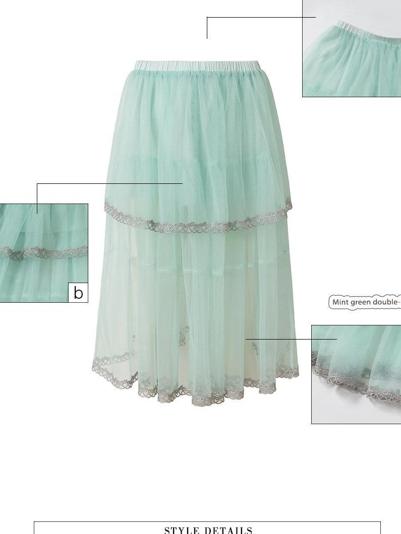UNIVERSE Mint Green Double Layer High Waist A Line Women's Polyester Tulle Skirts