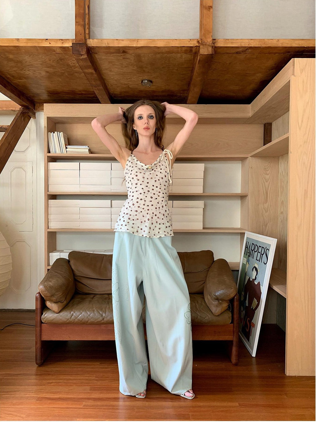 UNIVERSE Mint Green Lucky Clover Rhinestone Women's Cotton Blend Straight-leg Pants