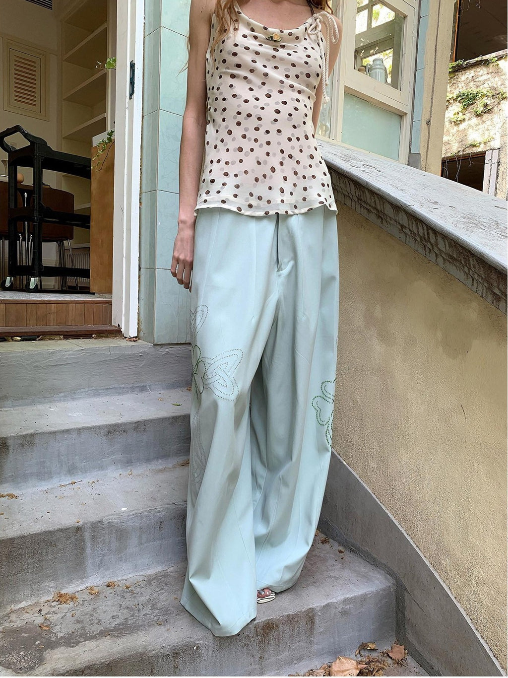 UNIVERSE Mint Green Lucky Clover Rhinestone Women's Cotton Blend Straight-leg Pants