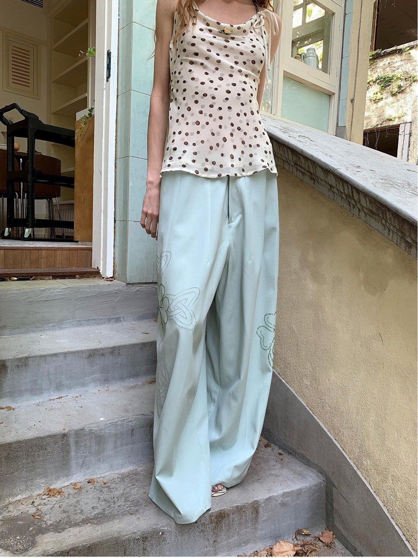 UNIVERSE Mint Green Lucky Clover Rhinestone Women's Cotton Blend Straight-leg Pants
