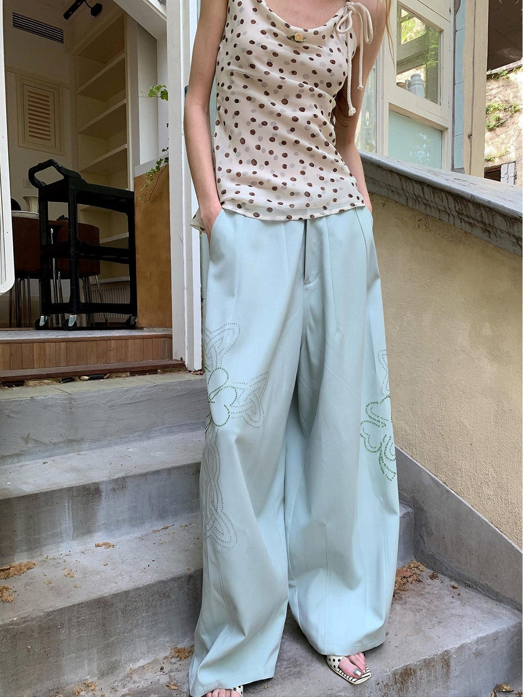 UNIVERSE Mint Green Lucky Clover Rhinestone Women's Cotton Blend Straight-leg Pants