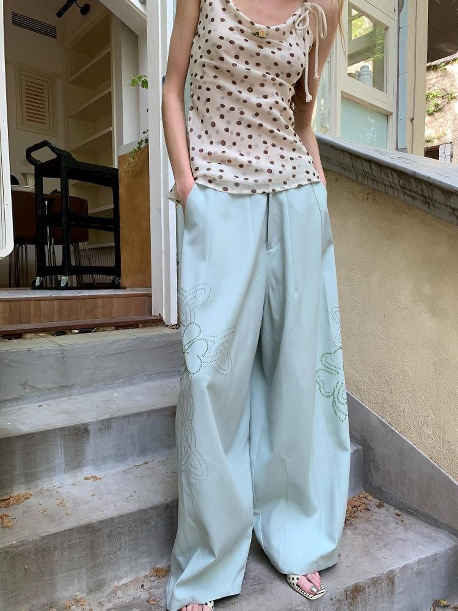 UNIVERSE Mint Green Lucky Clover Rhinestone Women's Cotton Blend Straight-leg Pants