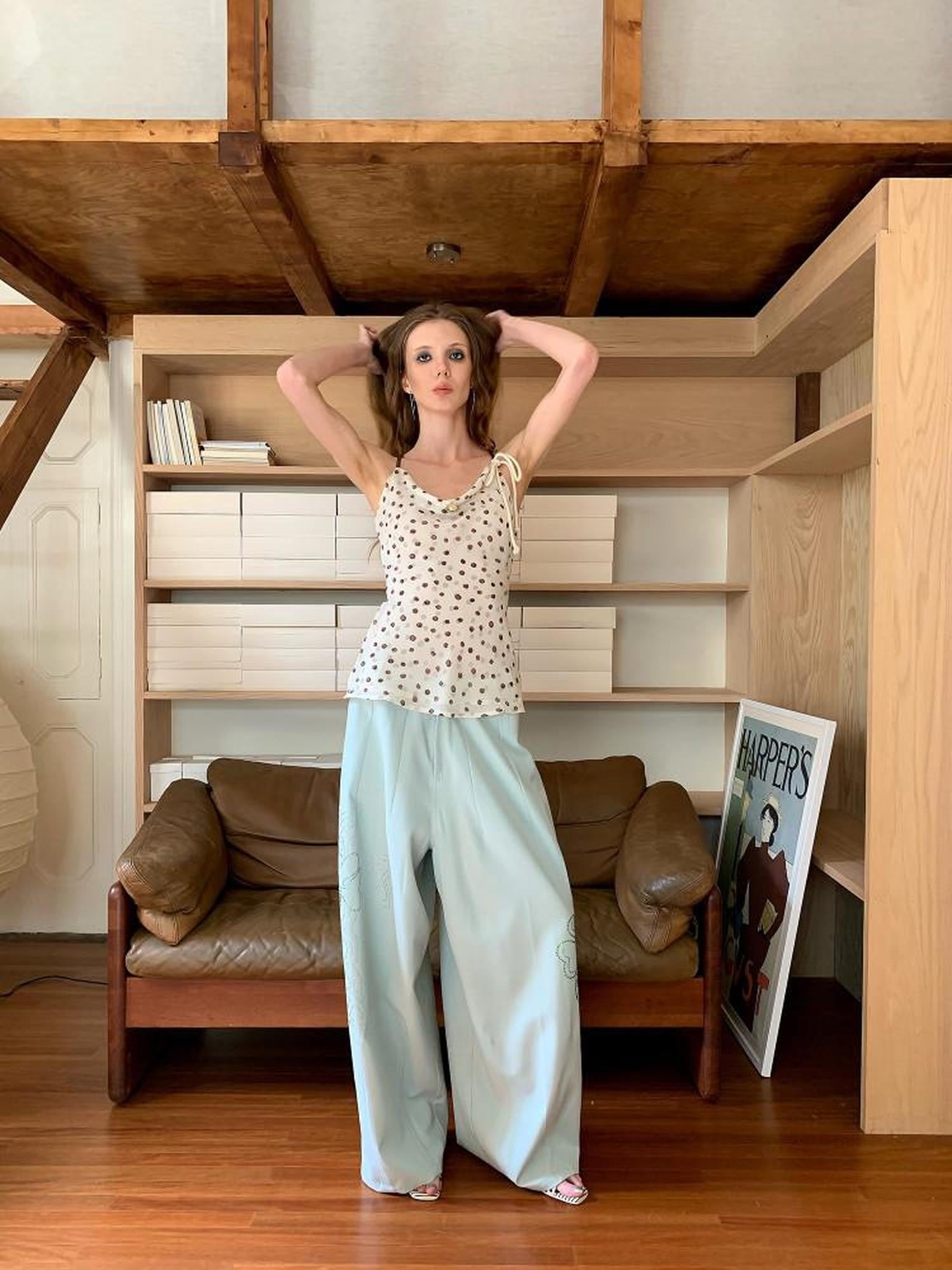 UNIVERSE Mint Green Lucky Clover Rhinestone Women's Cotton Blend Straight-leg Pants