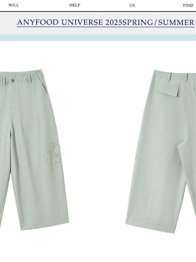 UNIVERSE Mint Green Lucky Clover Rhinestone Women's Cotton Blend Straight-leg Pants