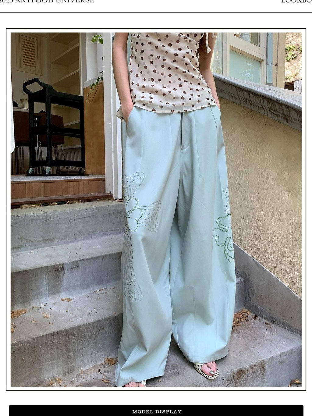 UNIVERSE Mint Green Lucky Clover Rhinestone Women's Cotton Blend Straight-leg Pants