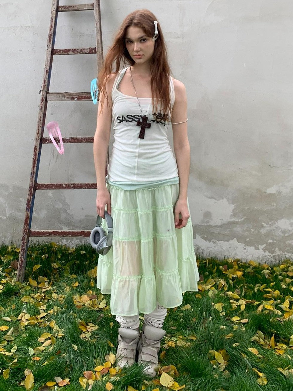 UNIVERSE Mint Green Pleated Ballet High Waist Women's Triacetate Tiered Skirts