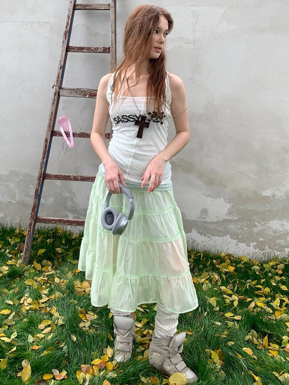 UNIVERSE Mint Green Pleated Ballet High Waist Women's Triacetate Tiered Skirts