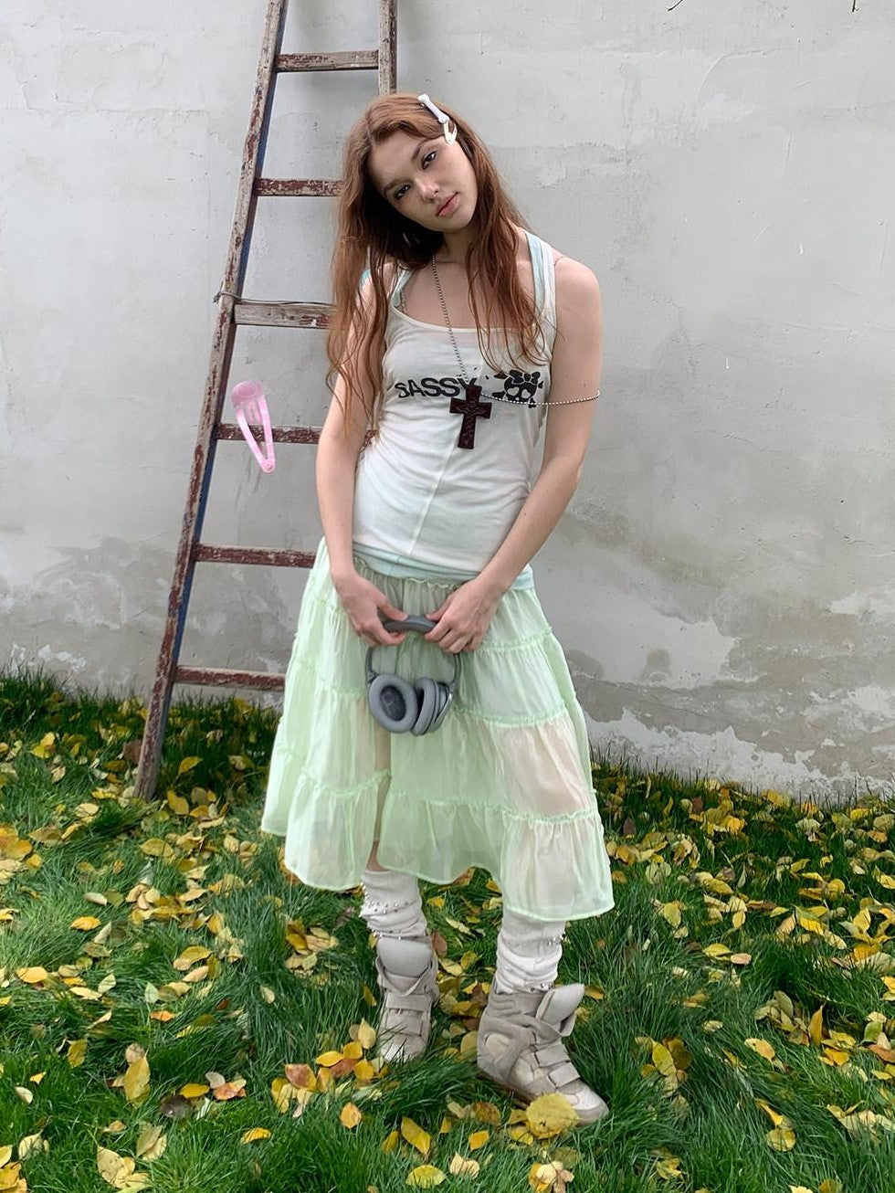 UNIVERSE Mint Green Pleated Ballet High Waist Women's Triacetate Tiered Skirts