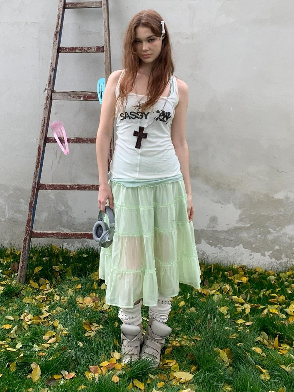 UNIVERSE Mint Green Pleated Ballet High Waist Women's Triacetate Tiered Skirts