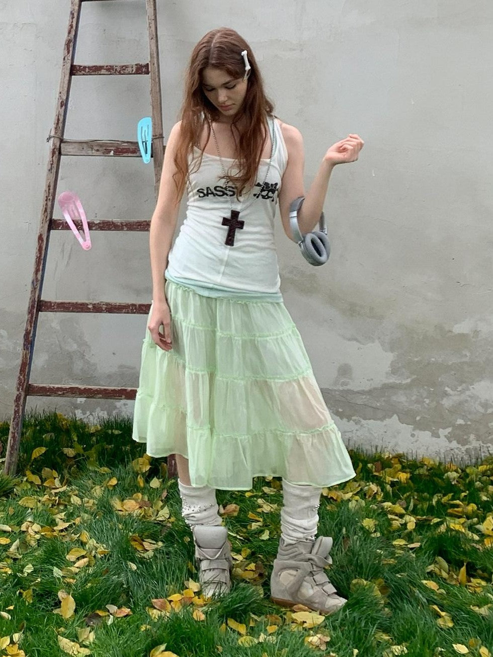 UNIVERSE Mint Green Pleated Ballet High Waist Women's Triacetate Tiered Skirts
