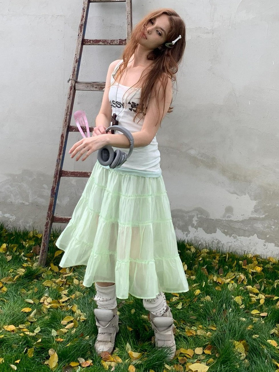UNIVERSE Mint Green Pleated Ballet High Waist Women's Triacetate Tiered Skirts