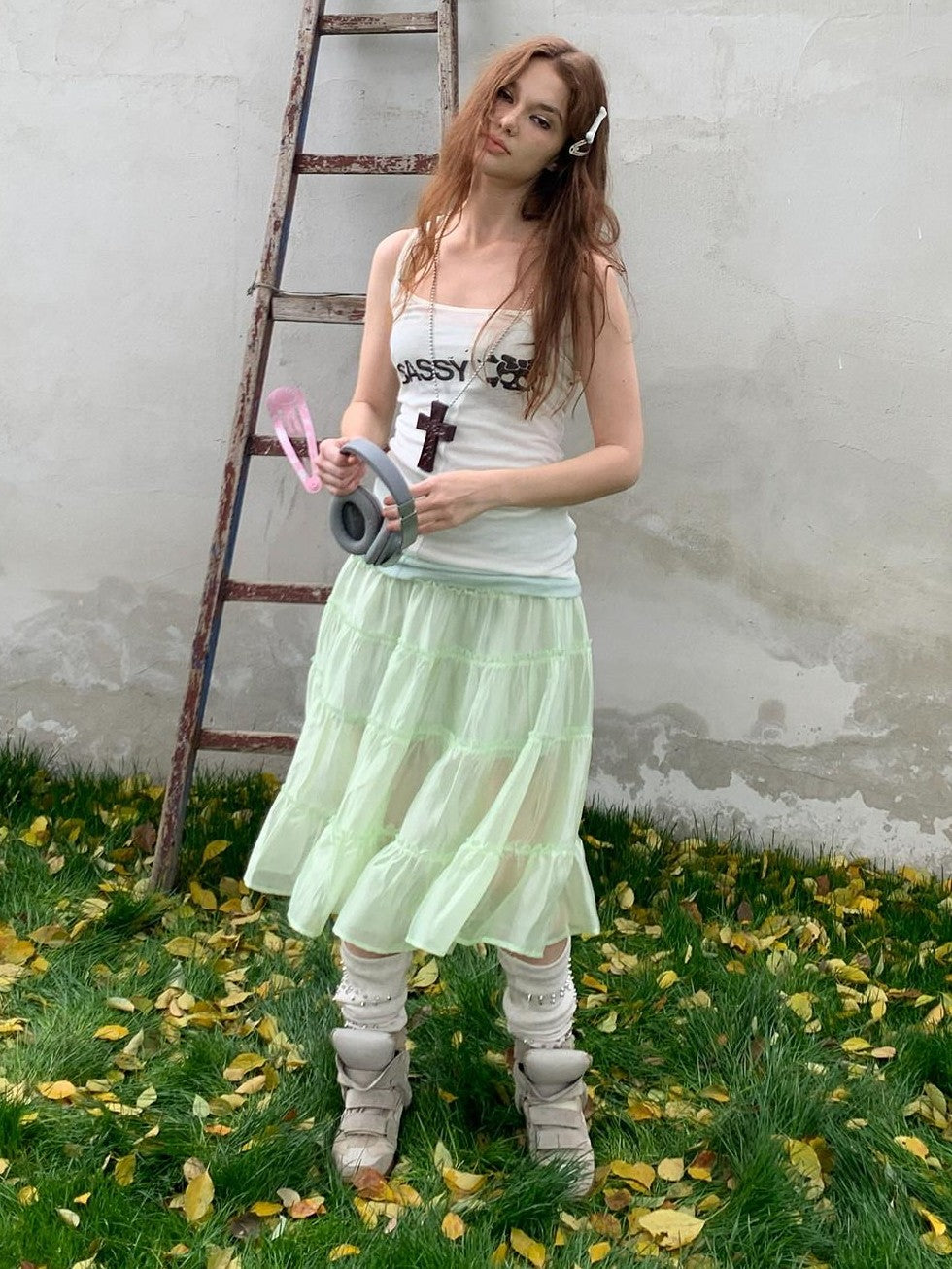 UNIVERSE Mint Green Pleated Ballet High Waist Women's Triacetate Tiered Skirts