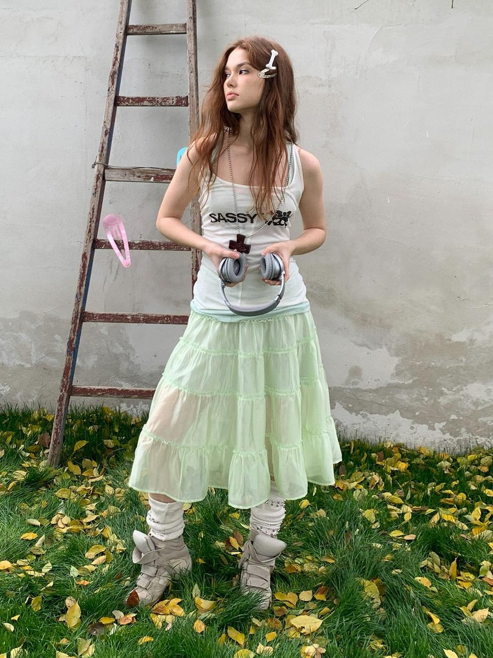 UNIVERSE Mint Green Pleated Ballet High Waist Women's Triacetate Tiered Skirts