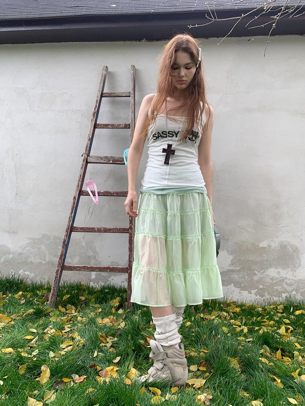 UNIVERSE Mint Green Pleated Ballet High Waist Women's Triacetate Tiered Skirts