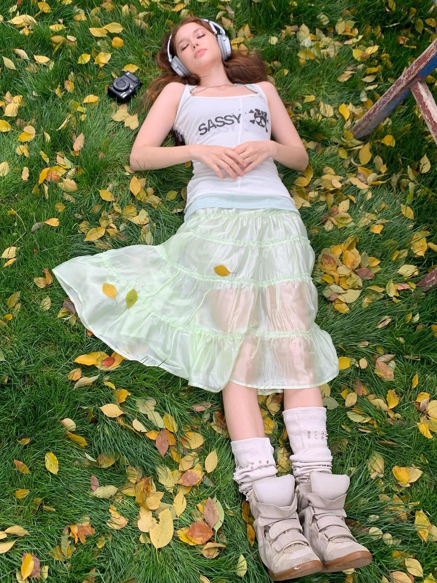 UNIVERSE Mint Green Pleated Ballet High Waist Women's Triacetate Tiered Skirts