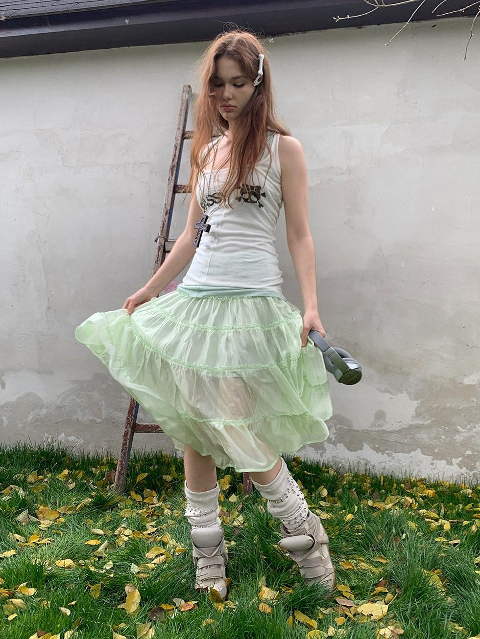 UNIVERSE Mint Green Pleated Ballet High Waist Women's Triacetate Tiered Skirts