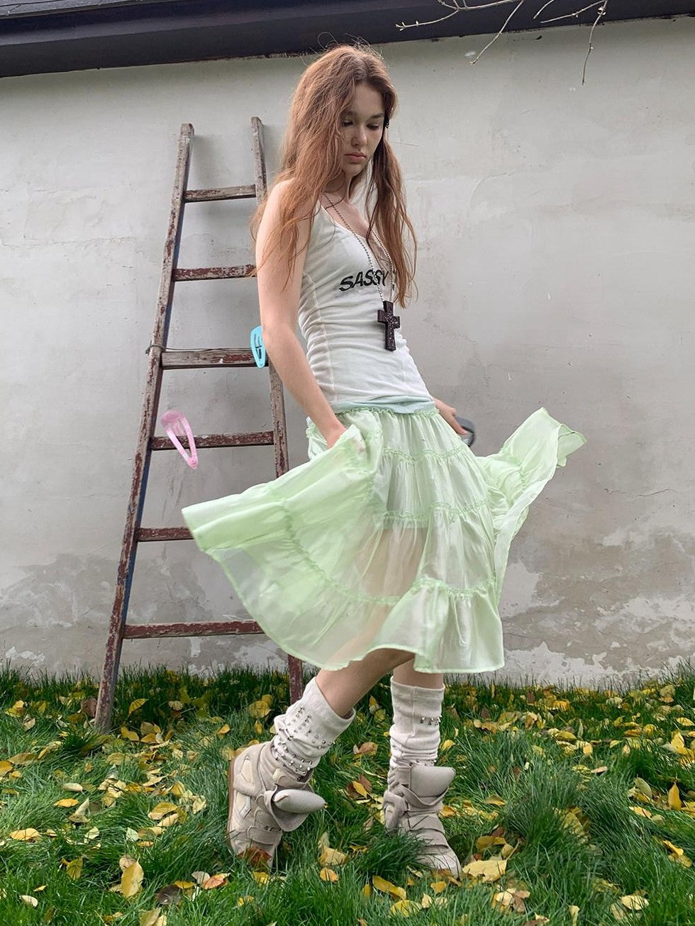 UNIVERSE Mint Green Pleated Ballet High Waist Women's Triacetate Tiered Skirts