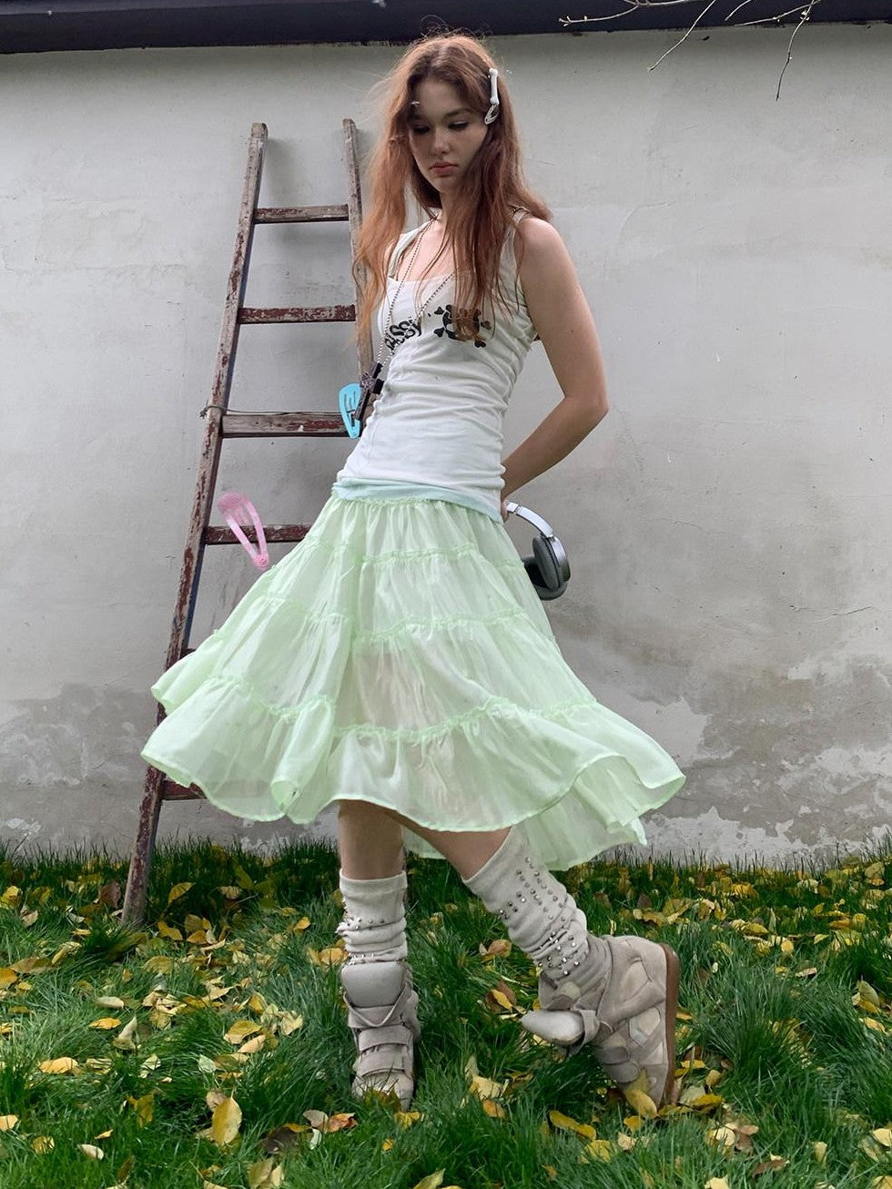 UNIVERSE Mint Green Pleated Ballet High Waist Women's Triacetate Tiered Skirts
