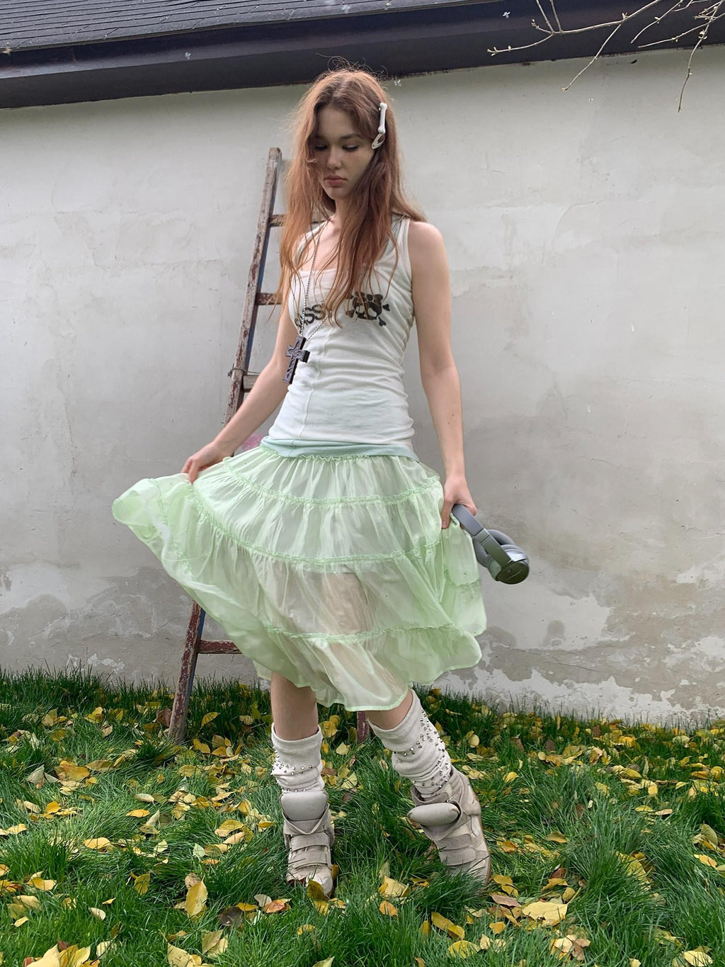 UNIVERSE Mint Green Pleated Ballet High Waist Women's Triacetate Tiered Skirts