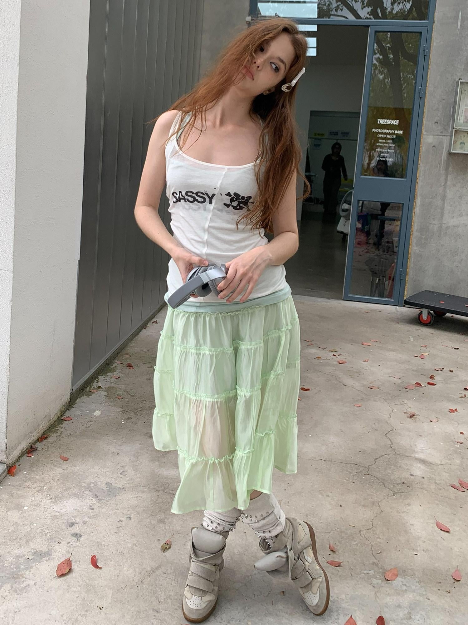 UNIVERSE Mint Green Pleated Ballet High Waist Women's Triacetate Tiered Skirts