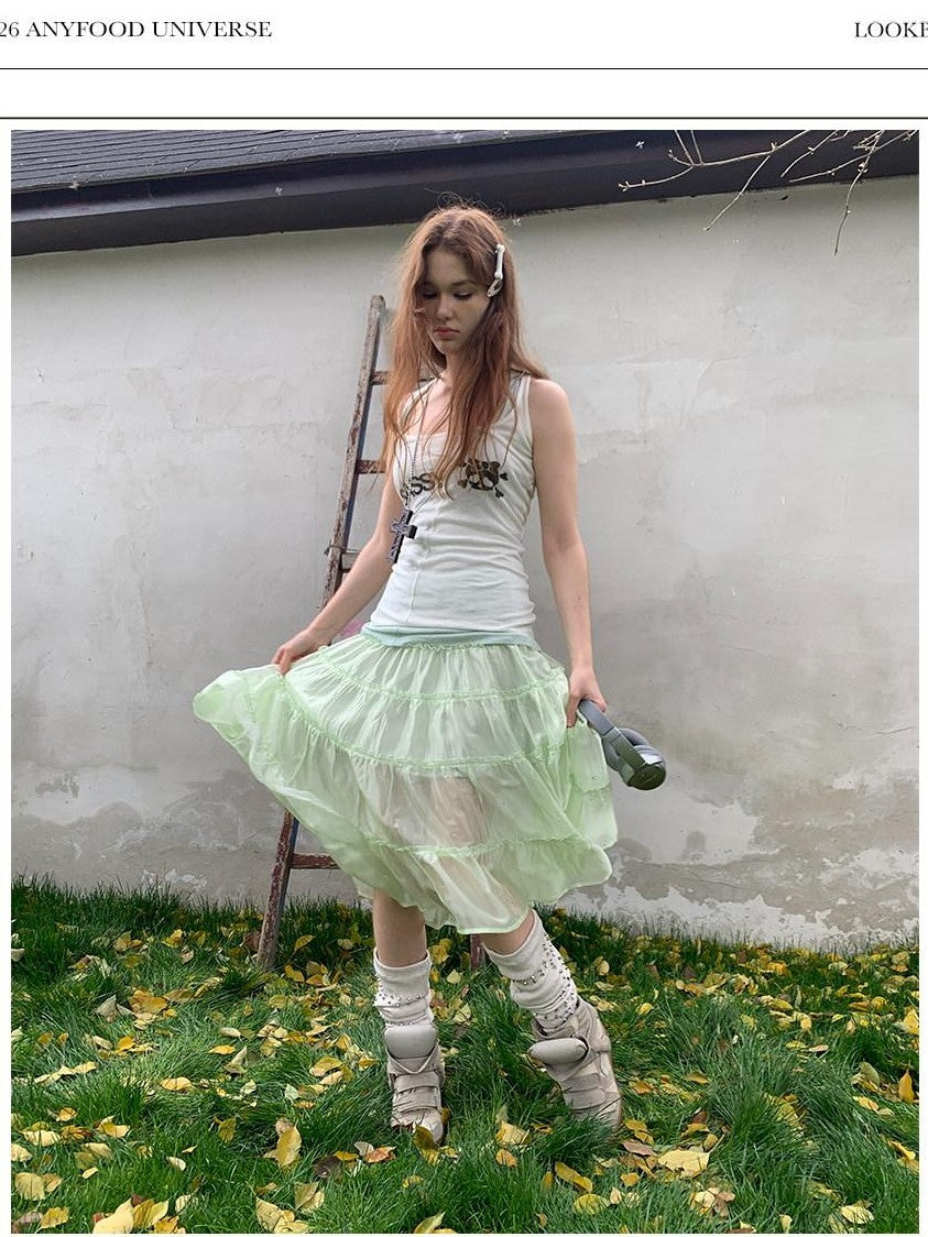 UNIVERSE Mint Green Pleated Ballet High Waist Women's Triacetate Tiered Skirts