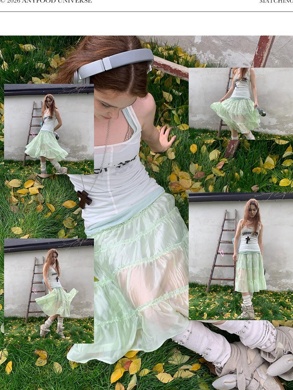 UNIVERSE Mint Green Pleated Ballet High Waist Women's Triacetate Tiered Skirts