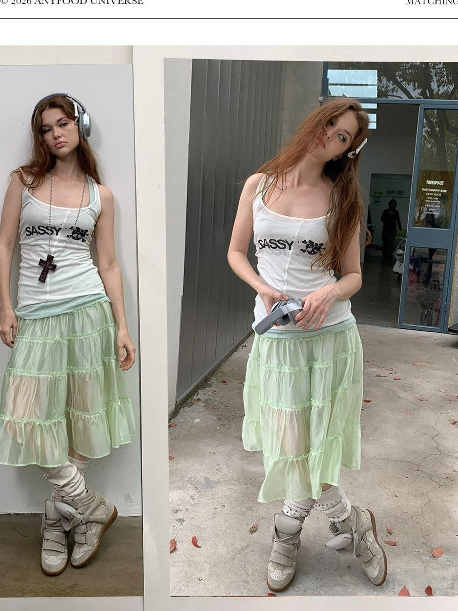 UNIVERSE Mint Green Pleated Ballet High Waist Women's Triacetate Tiered Skirts