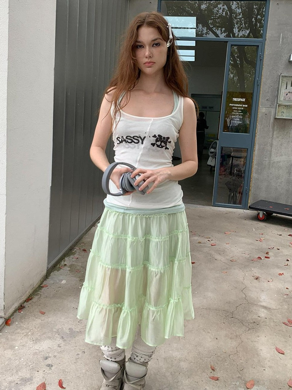 UNIVERSE Mint Green Pleated Ballet High Waist Women's Triacetate Tiered Skirts