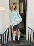UNIVERSE Mint Green Polka Dot Faux Mink Soft Loose Knit Button Women's Nylon Cardigans