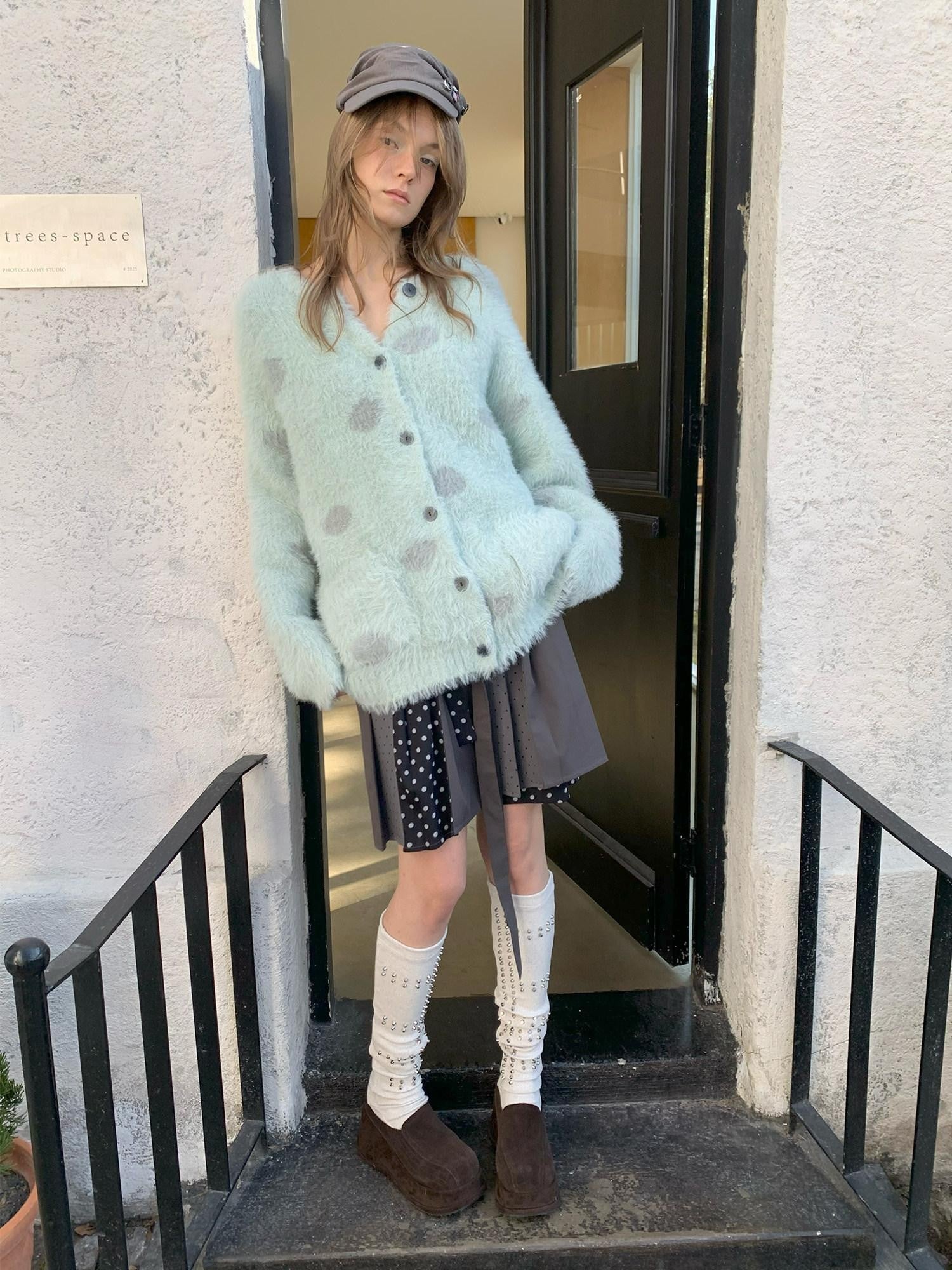UNIVERSE Mint Green Polka Dot Faux Mink Soft Loose Knit Button Women's Nylon Cardigans