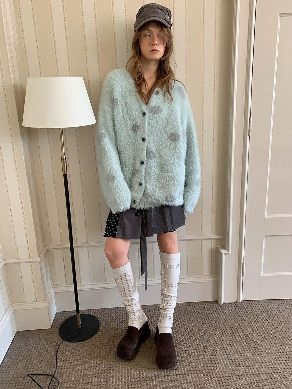 UNIVERSE Mint Green Polka Dot Faux Mink Soft Loose Knit Button Women's Nylon Cardigans