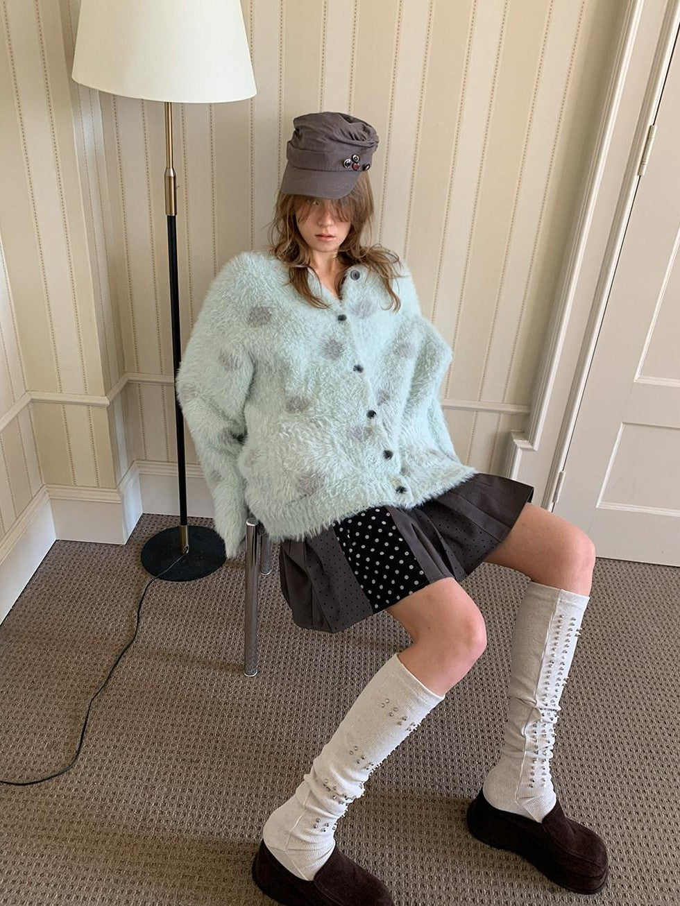 UNIVERSE Mint Green Polka Dot Faux Mink Soft Loose Knit Button Women's Nylon Cardigans