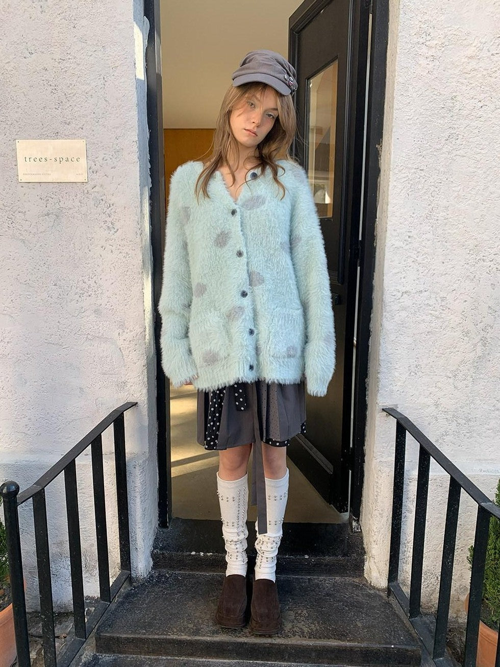 UNIVERSE Mint Green Polka Dot Faux Mink Soft Loose Knit Button Women's Nylon Cardigans
