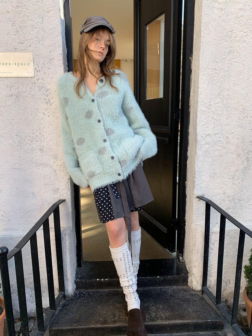 UNIVERSE Mint Green Polka Dot Faux Mink Soft Loose Knit Button Women's Nylon Cardigans