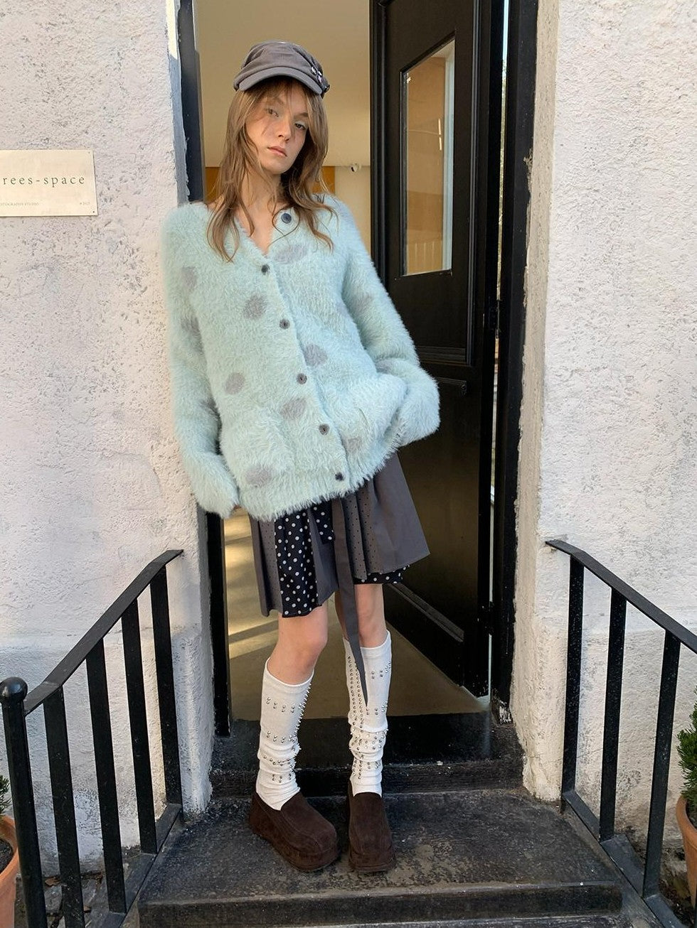 UNIVERSE Mint Green Polka Dot Faux Mink Soft Loose Knit Button Women's Nylon Cardigans