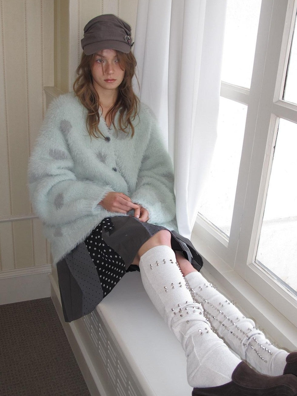 UNIVERSE Mint Green Polka Dot Faux Mink Soft Loose Knit Button Women's Nylon Cardigans