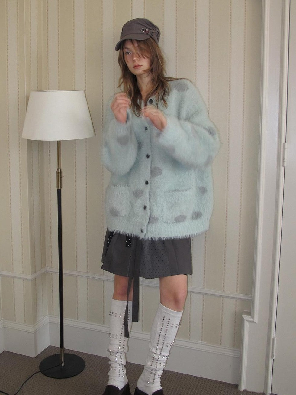 UNIVERSE Mint Green Polka Dot Faux Mink Soft Loose Knit Button Women's Nylon Cardigans