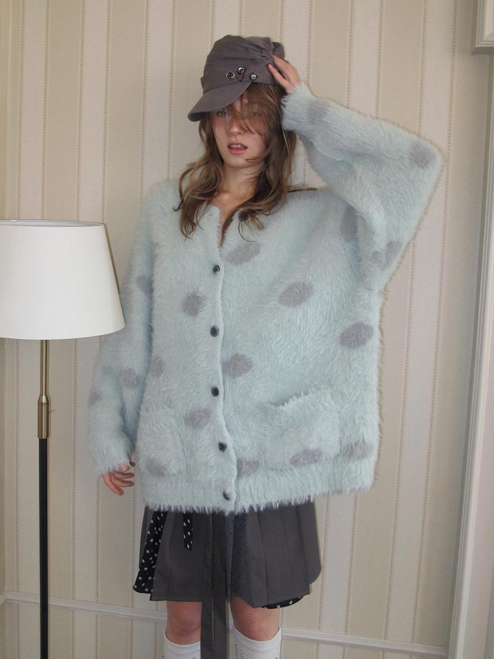 UNIVERSE Mint Green Polka Dot Faux Mink Soft Loose Knit Button Women's Nylon Cardigans